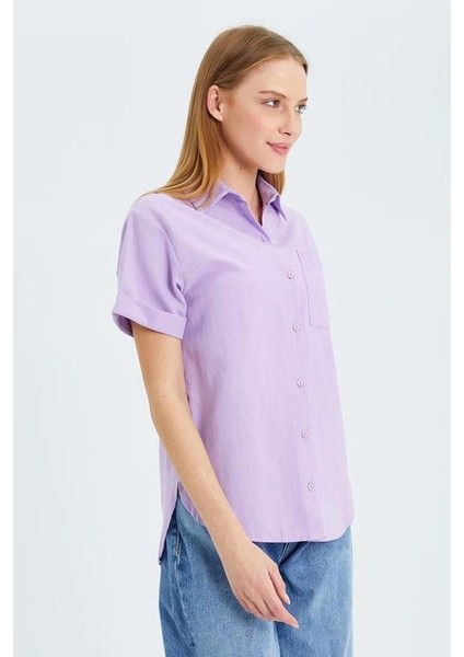 3950 Kadın Oxford Kısa Kollu Basic Gömlek Lila indirimleri