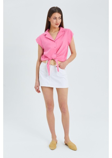 4555 Kadın Önü Bağlamalı Müslin Crop Gömlek Pembe fiyatları