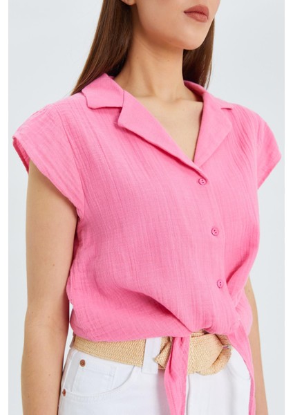 4555 Kadın Önü Bağlamalı Müslin Crop Gömlek Pembe fırsatları