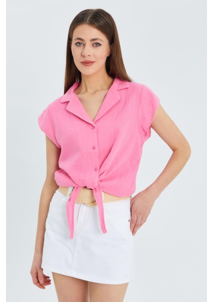 4555 Kadın Önü Bağlamalı Müslin Crop Gömlek Pembe indirimleri
