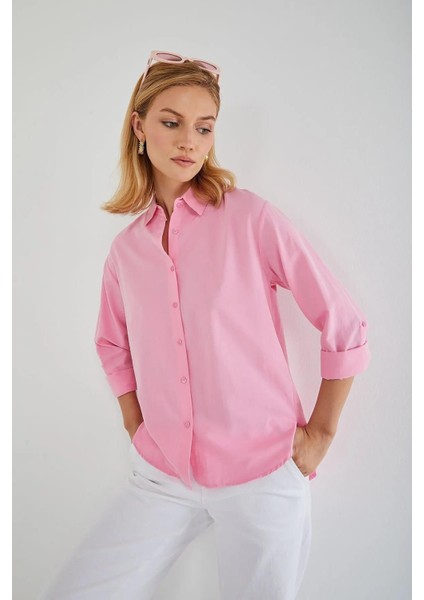 4162 Kadın Uzun Basıc Gömlek Şeker Pembe
