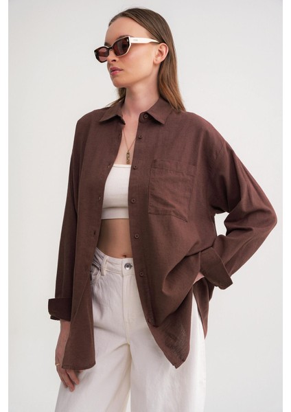 4670 Kadın Cepli Oversize Basic Keten Gömlek Kahve