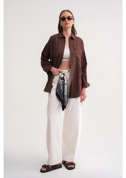 4670 Kadın Cepli Oversize Basic Keten Gömlek Kahve fiyatları
