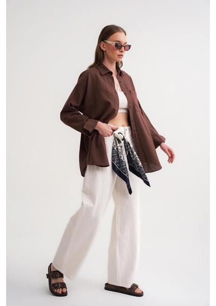 4670 Kadın Cepli Oversize Basic Keten Gömlek Kahve modelleri