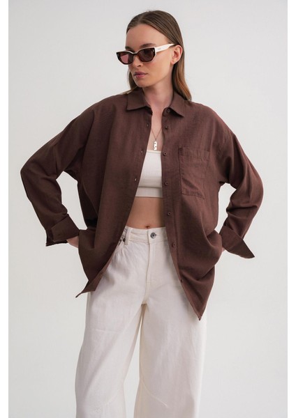 4670 Kadın Cepli Oversize Basic Keten Gömlek Kahve fırsatları