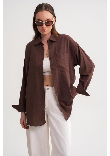 4670 Kadın Cepli Oversize Basic Keten Gömlek Kahve indirimleri