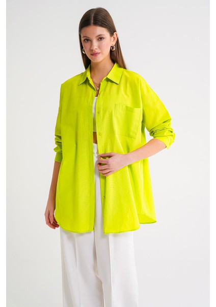 4053 Kadın Tek Cepli Oversize Basic Gömlek Olive