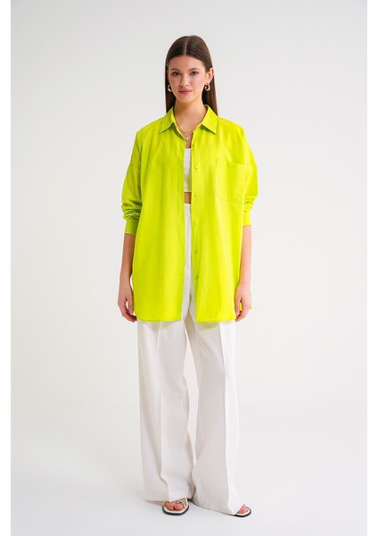 4053 Kadın Tek Cepli Oversize Basic Gömlek Olive fiyatları
