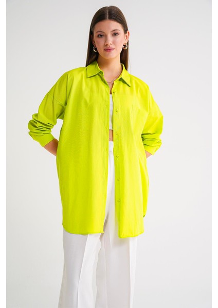4053 Kadın Tek Cepli Oversize Basic Gömlek Olive modelleri