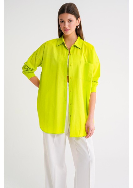 4053 Kadın Tek Cepli Oversize Basic Gömlek Olive fırsatları
