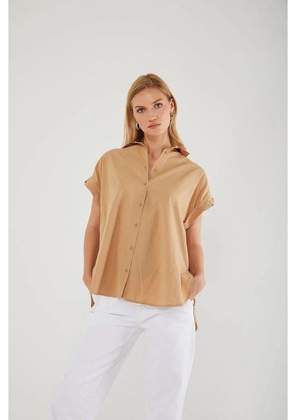 3967 Kadın Apoletli Kısa Kol Oversize Gömlek Vizon