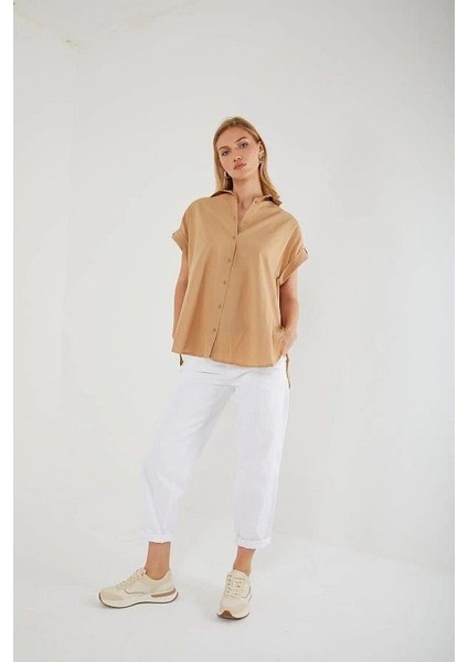 3967 Kadın Apoletli Kısa Kol Oversize Gömlek Vizon fiyatları