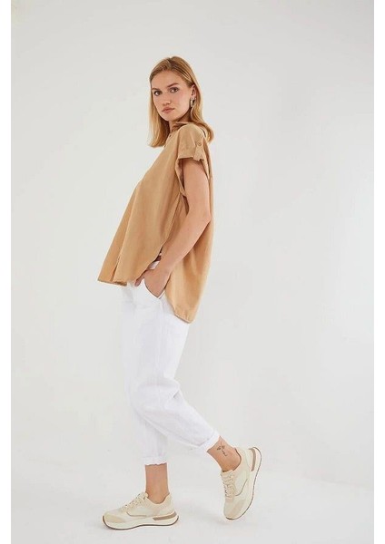 3967 Kadın Apoletli Kısa Kol Oversize Gömlek Vizon indirimleri