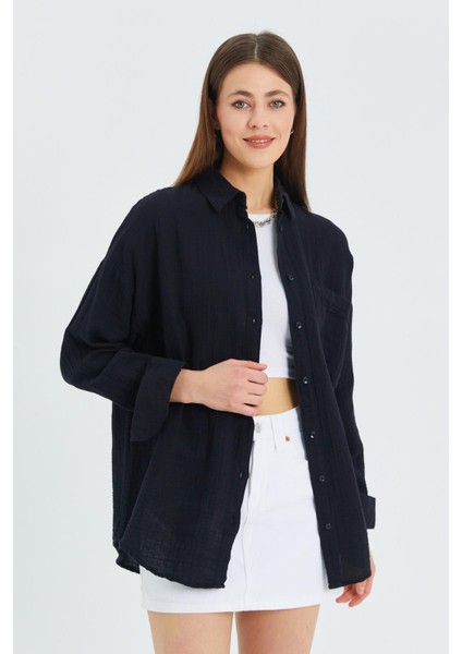 3833 Kadın Oversize Cepli Müslin Gömlek Siyah modelleri