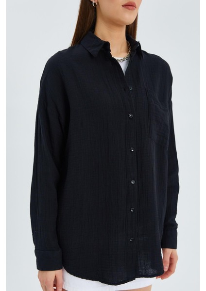 3833 Kadın Oversize Cepli Müslin Gömlek Siyah fırsatları