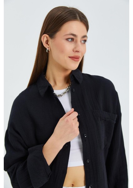 3833 Kadın Oversize Cepli Müslin Gömlek Siyah indirimleri