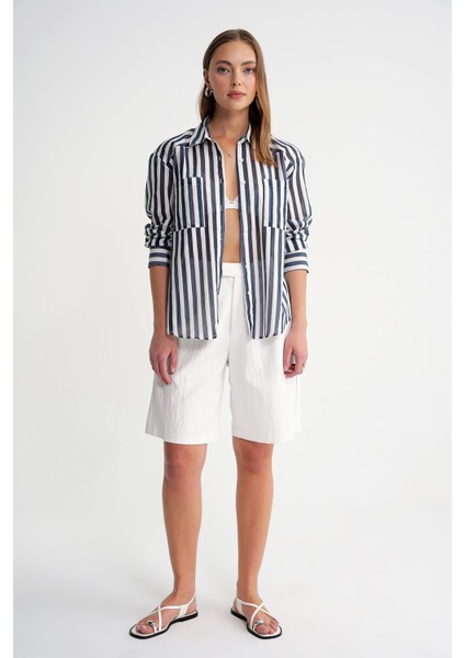 4650 Kadın Robalı Hafif Transparan Çizgili Basic Gömlek Lacivert fiyatları