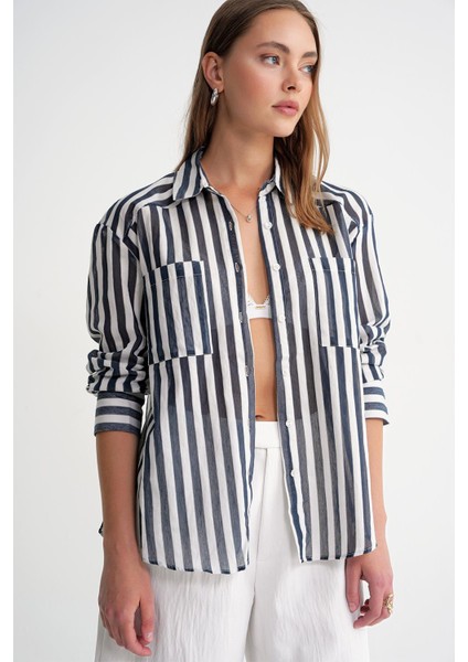 4650 Kadın Robalı Hafif Transparan Çizgili Basic Gömlek Lacivert fırsatları