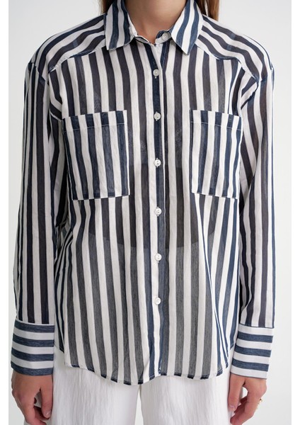 4650 Kadın Robalı Hafif Transparan Çizgili Basic Gömlek Lacivert indirimleri