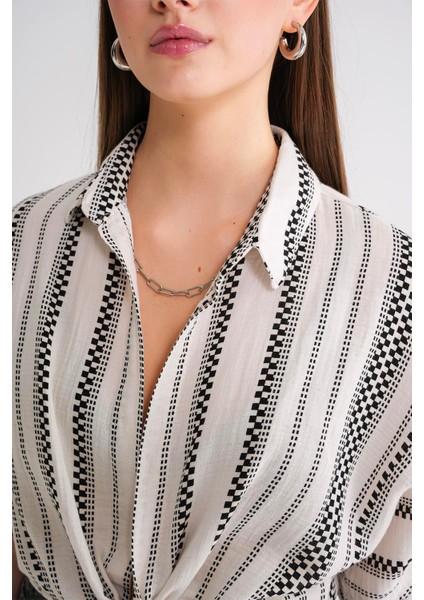 4651 Kadın Önden Bağlamalı Etnik Desen Müslin Gömlek Siyah indirimleri