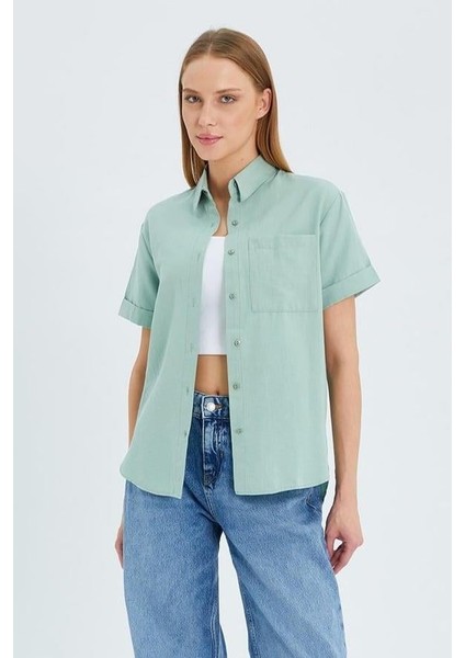 3950 Kadın Oxford Kısa Kollu Basic Gömlek Çağla