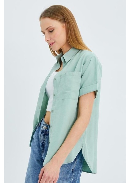 3950 Kadın Oxford Kısa Kollu Basic Gömlek Çağla modelleri