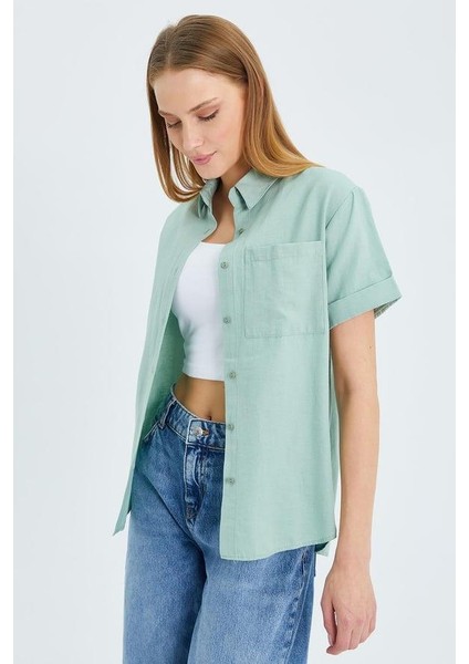 3950 Kadın Oxford Kısa Kollu Basic Gömlek Çağla indirimleri
