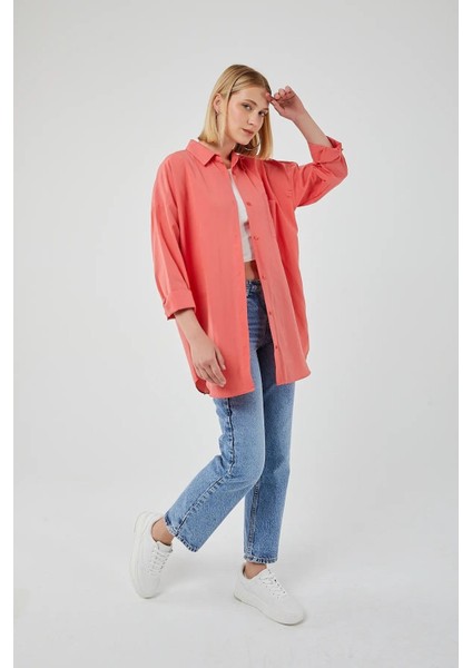4053 Kadın Tek Cepli Oversize Basic Gömlek Nar fiyatları