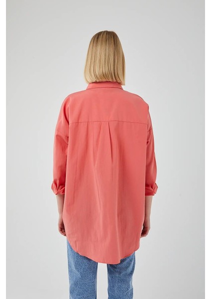 4053 Kadın Tek Cepli Oversize Basic Gömlek Nar fırsatları
