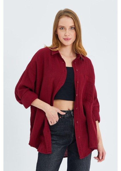 3833 Kadın Oversize Cepli Müslin Gömlek Bordo
