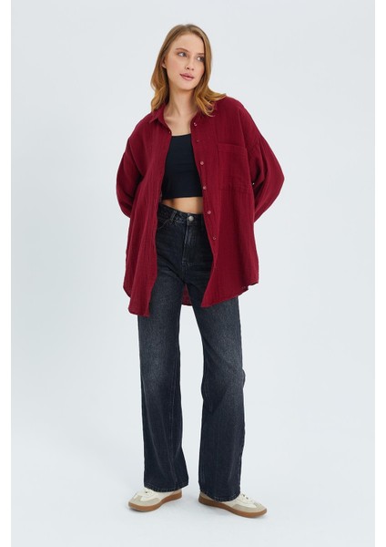 3833 Kadın Oversize Cepli Müslin Gömlek Bordo fiyatları