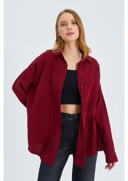 3833 Kadın Oversize Cepli Müslin Gömlek Bordo modelleri