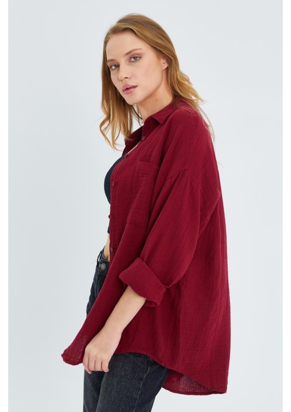 3833 Kadın Oversize Cepli Müslin Gömlek Bordo indirimleri