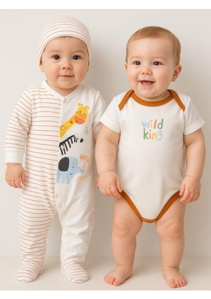 3’lü Organik Bebek Safari Desenli Şapkalı Tulum Seti