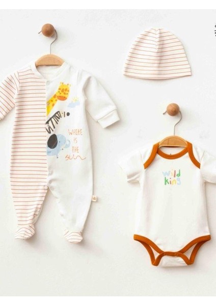 3’lü Organik Bebek Safari Desenli Şapkalı Tulum Seti fiyatları