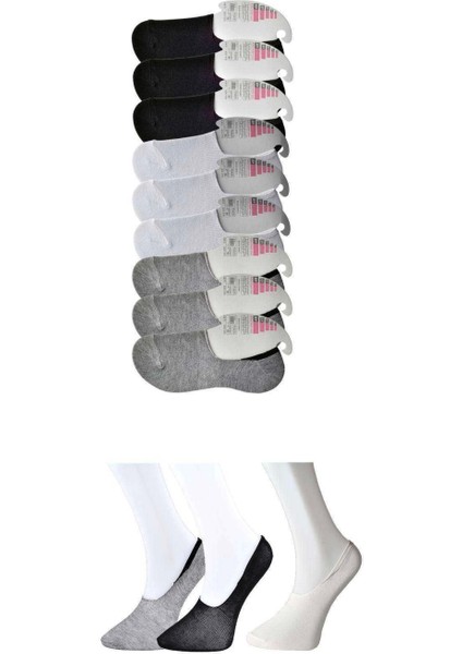 Siyah Gri ve Beyaz Kadın Babet Çorap 9 Çift