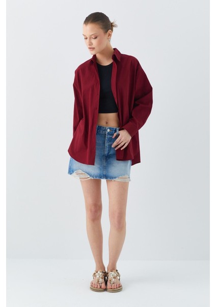 4618 Kadın Arkası Robalı Basic Gömlek Bordo fiyatları