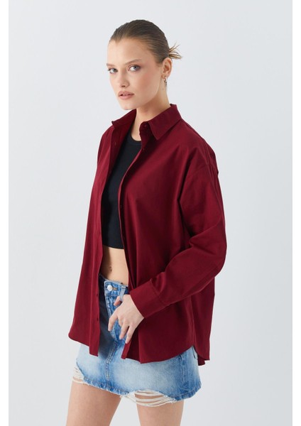 4618 Kadın Arkası Robalı Basic Gömlek Bordo modelleri