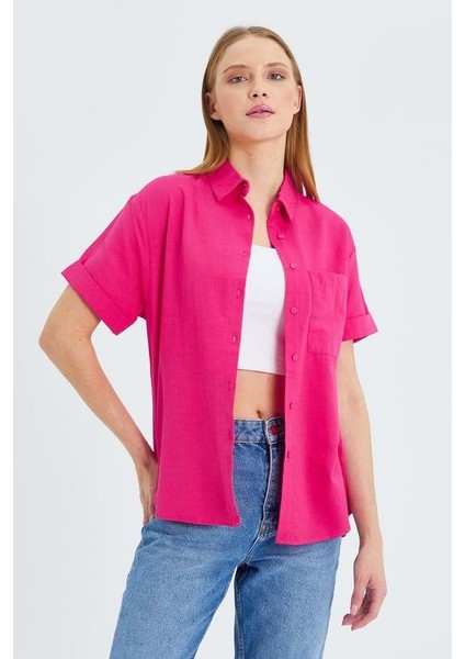 3950 Kadın Oxford Kısa Kollu Basic Gömlek Fuşya