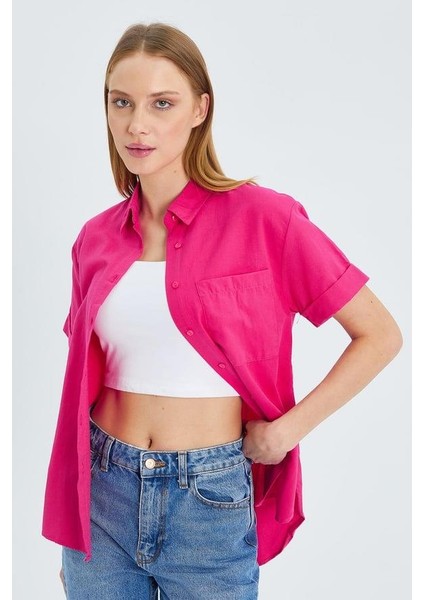 3950 Kadın Oxford Kısa Kollu Basic Gömlek Fuşya modelleri