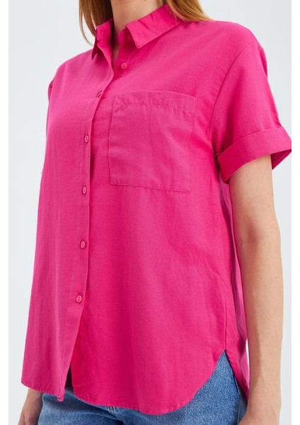 3950 Kadın Oxford Kısa Kollu Basic Gömlek Fuşya fırsatları