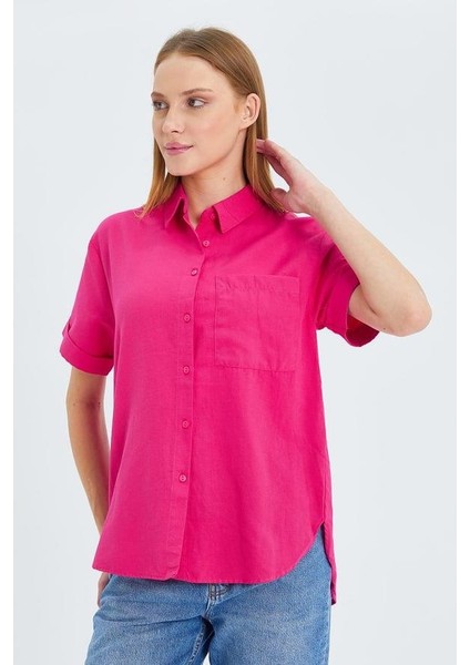 3950 Kadın Oxford Kısa Kollu Basic Gömlek Fuşya indirimleri