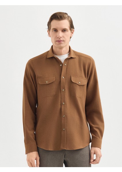 Erkek Modern Fıt Gömlek-Camel