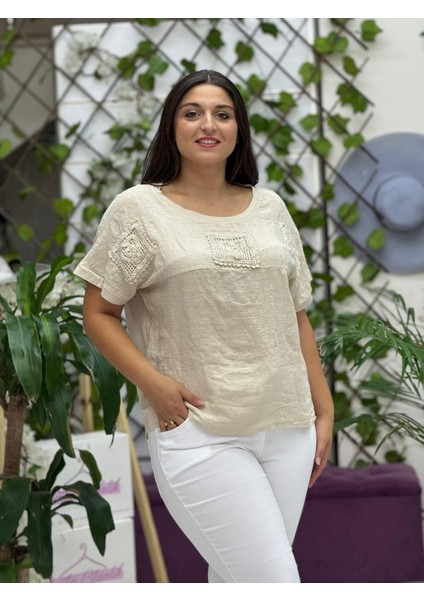 NC61130 Italyan Sırt File Güpürlü Keten Bluz Krem fiyatları