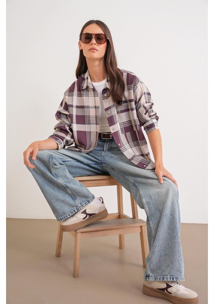 4752 Kadın Oversize Ekose Gömlek Bordo