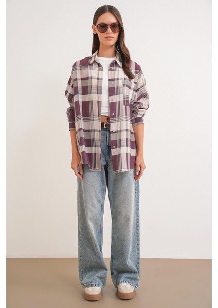 4752 Kadın Oversize Ekose Gömlek Bordo fiyatları