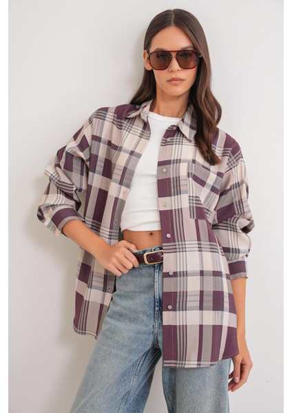 4752 Kadın Oversize Ekose Gömlek Bordo modelleri