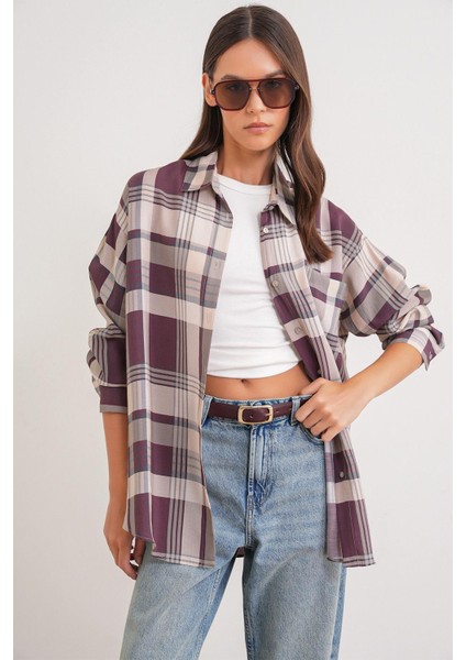 4752 Kadın Oversize Ekose Gömlek Bordo fırsatları