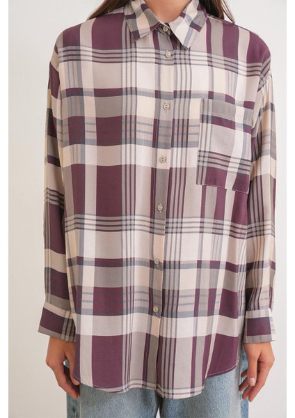 4752 Kadın Oversize Ekose Gömlek Bordo indirimleri