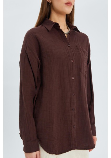 3833 Kadın Oversize Cepli Müslin Gömlek Kahve fırsatları